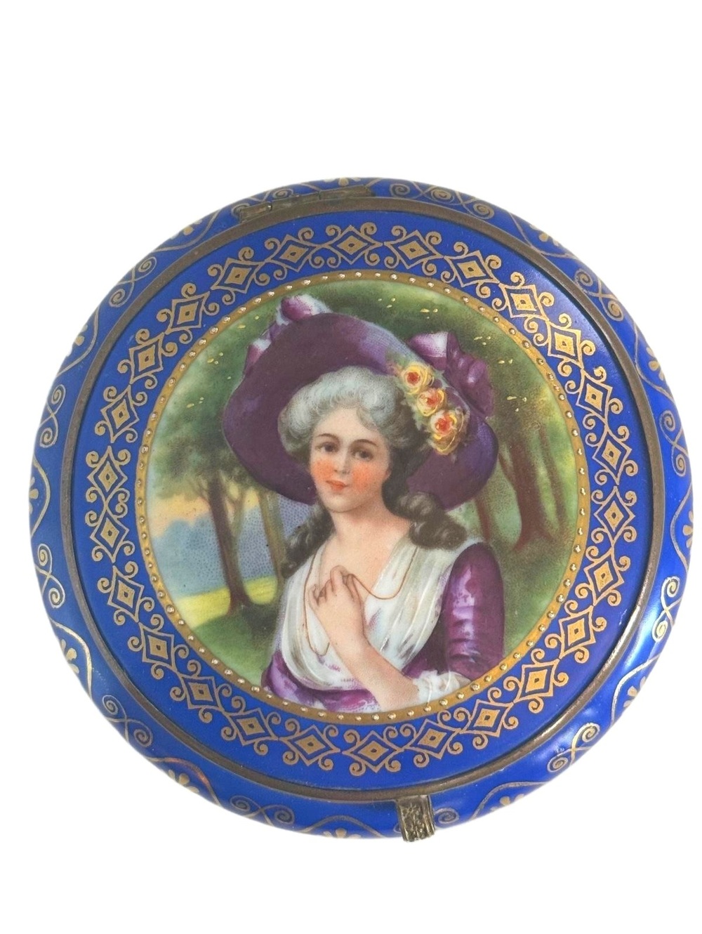 Cobalt Blue Porcelain Portrait Trinket Box Hinged Gold Tone Trim 4 Inch